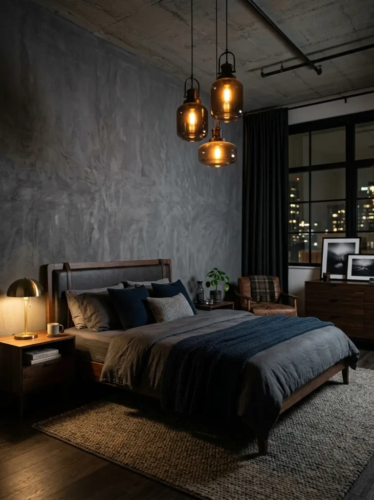 A stylish bedroom featuring dramatic pendant lighting and warm ambient glow that enhances the room’s mood and modern aesthetic.