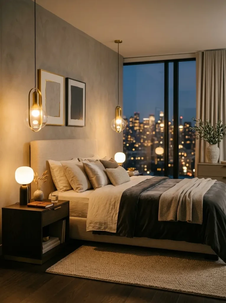 Warm glowing pendant lights and stylish bedside lamps in a modern luxury bedroom with soft ambiance
