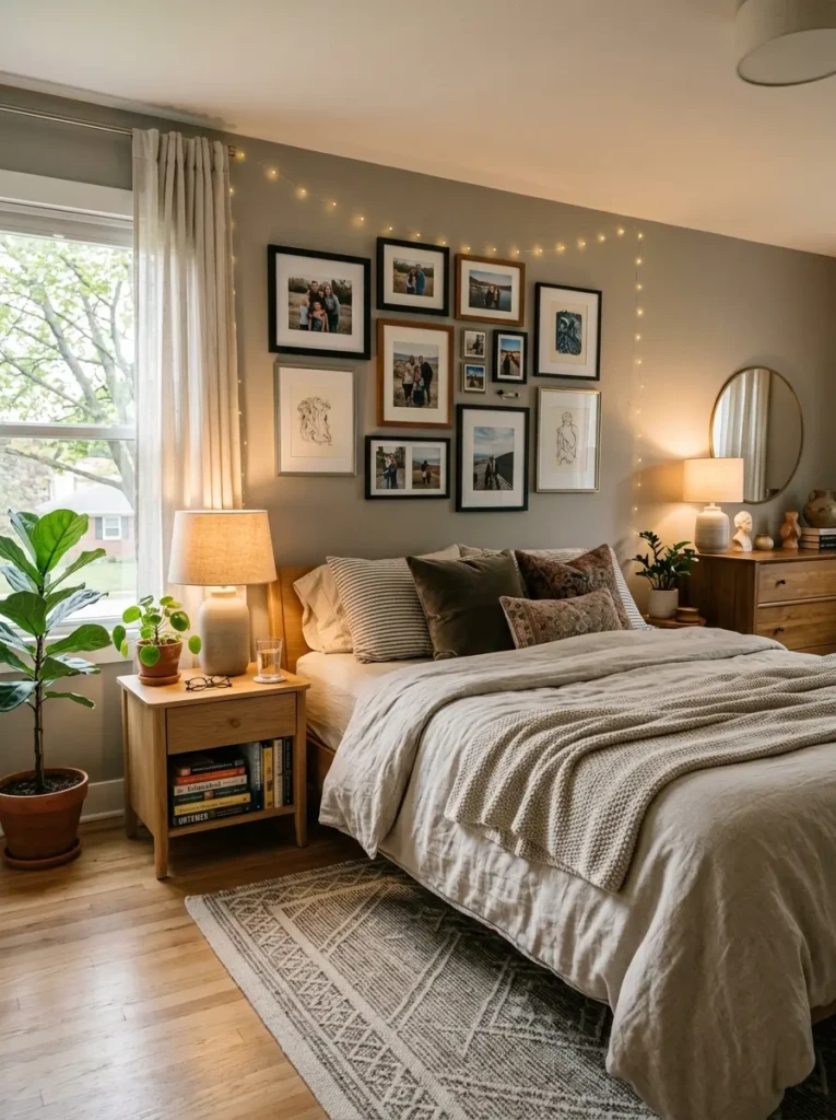 A stylish bedroom featuring framed photos, artwork, and meaningful decor pieces that create a warm and personalized atmosphere.