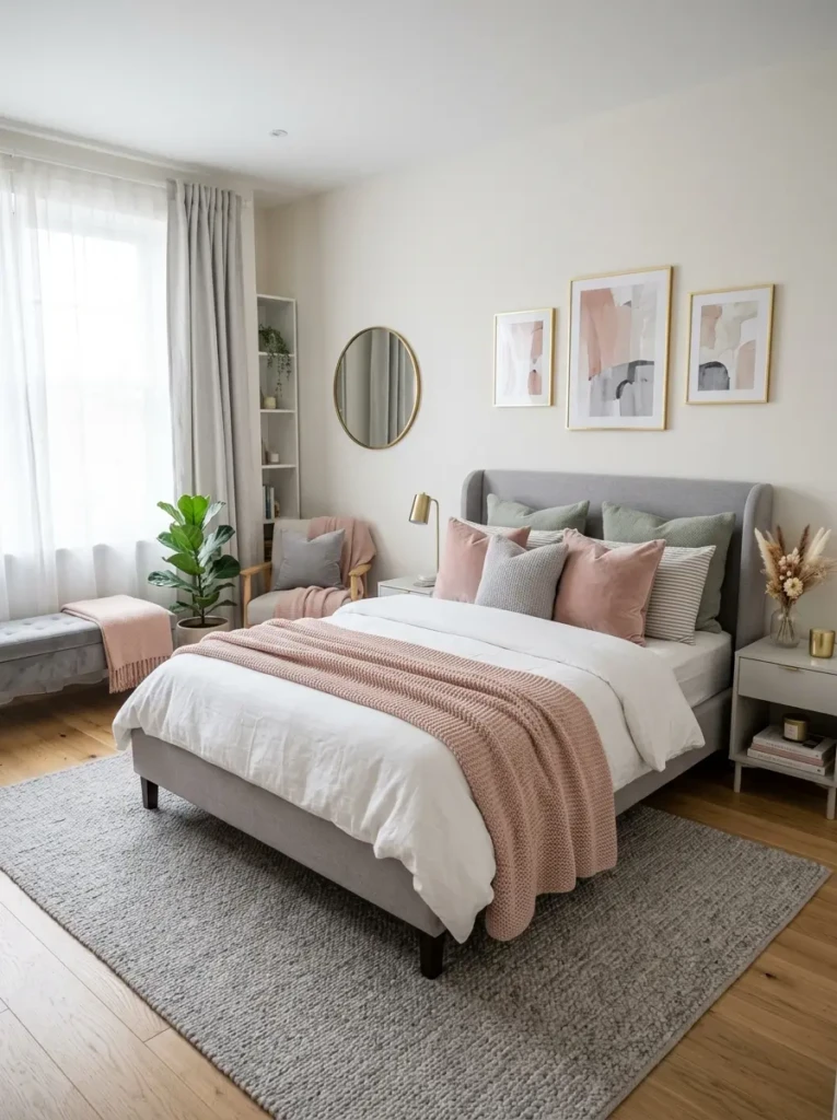 A modern bedroom with blush pink accents, grey furniture, soft lighting, and subtle metallic decor for a balanced aesthetic