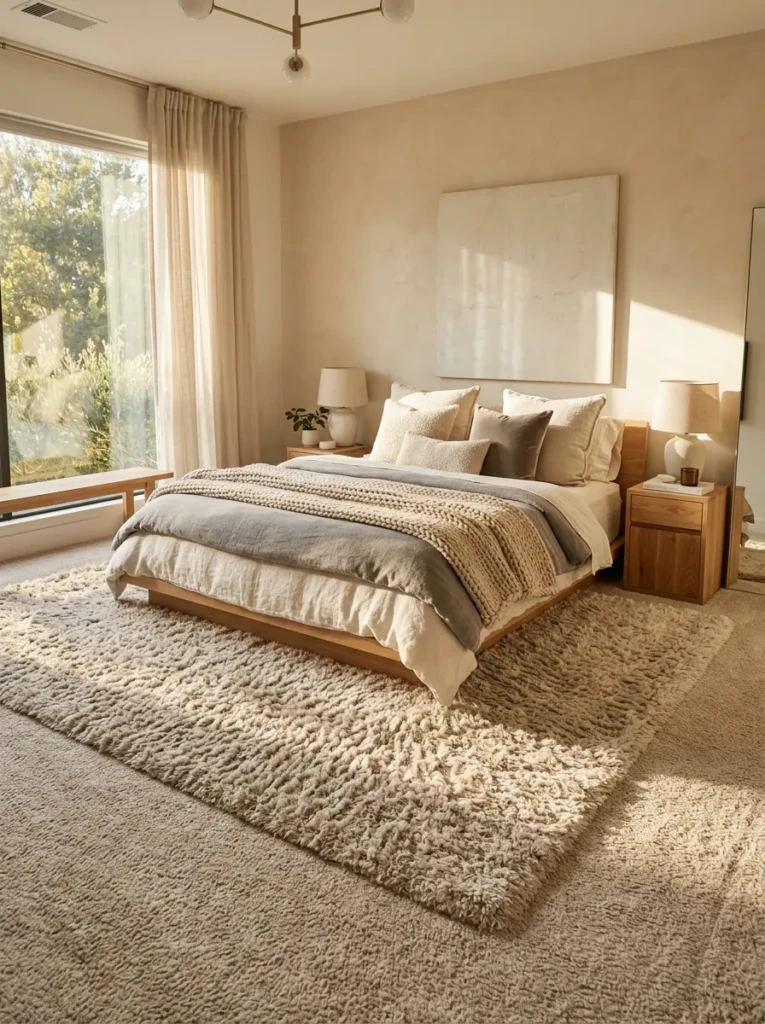 Cozy modern bedroom with a large soft rug under the bed enhancing warmth and comfort
