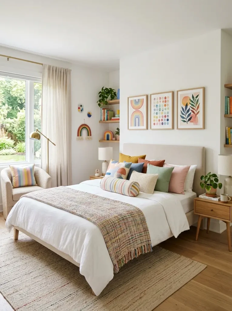 A balanced color full bedroom with neutral base and soft rainbow accents in decor and textiles