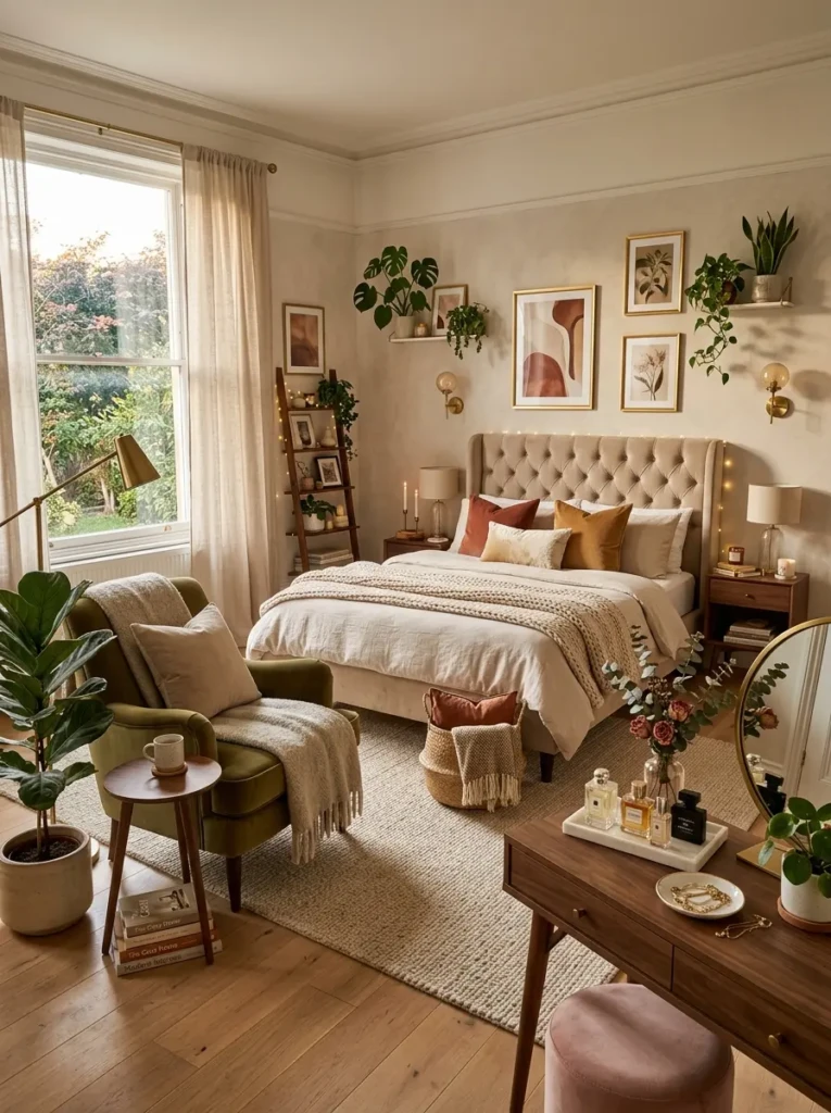 A beautifully styled modern bedroom featuring decorated corners with plants, vanity, lighting, and cozy seating.