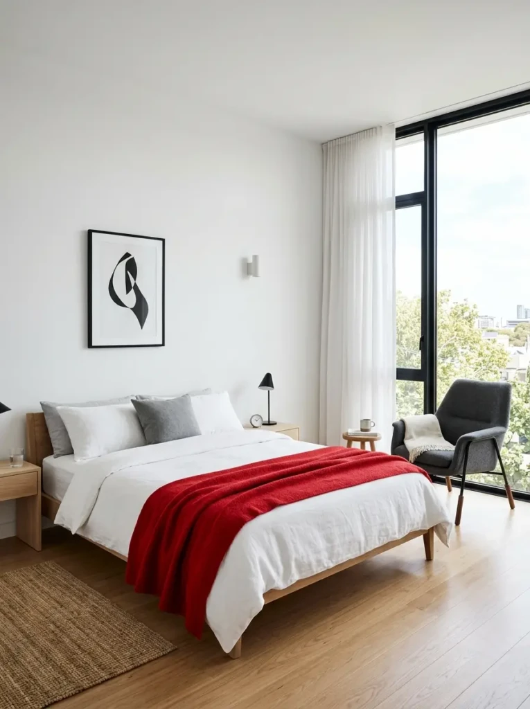 A clean color full bedroom with neutral tones and a bold red accent adding a modern touch