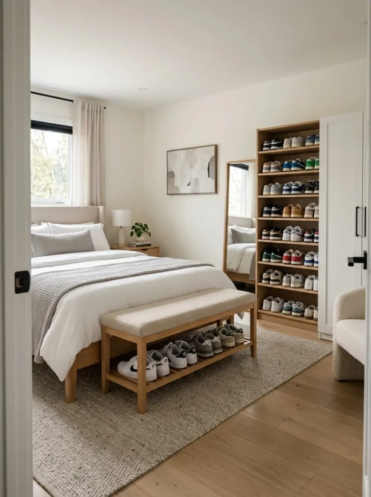Modern bedroom with organized shoe storage bench and minimalist shoe rack ideas bedroom setup.
