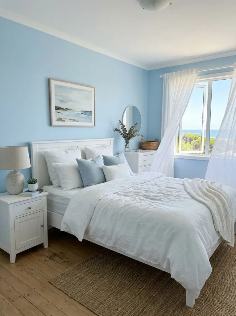 A bright bedroom with sky blue walls, white furniture, sheer curtains, and natural light creating a fresh and open feel