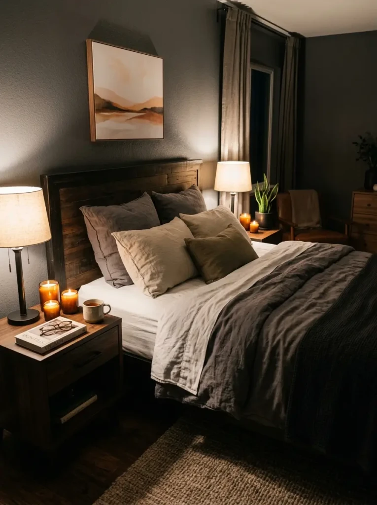 A warm bedroom with candles, soft bedding, and ambient lighting creating a relaxing and sensory-rich environment.