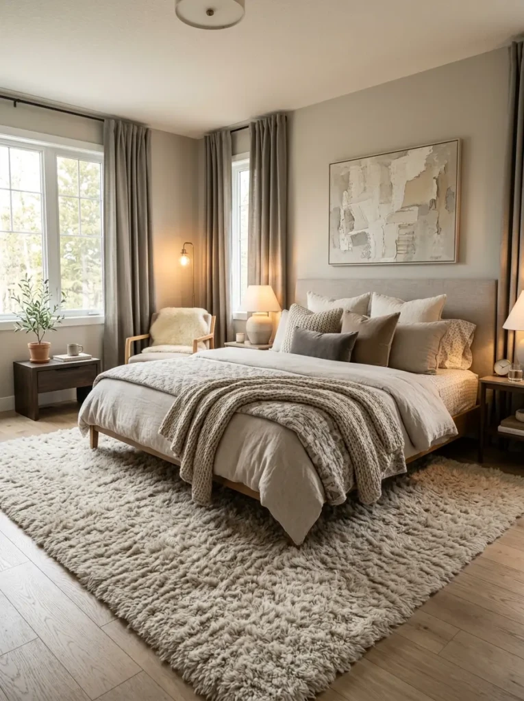 A plush rug placed under the bed adding warmth and texture to a cozy modern bedroom