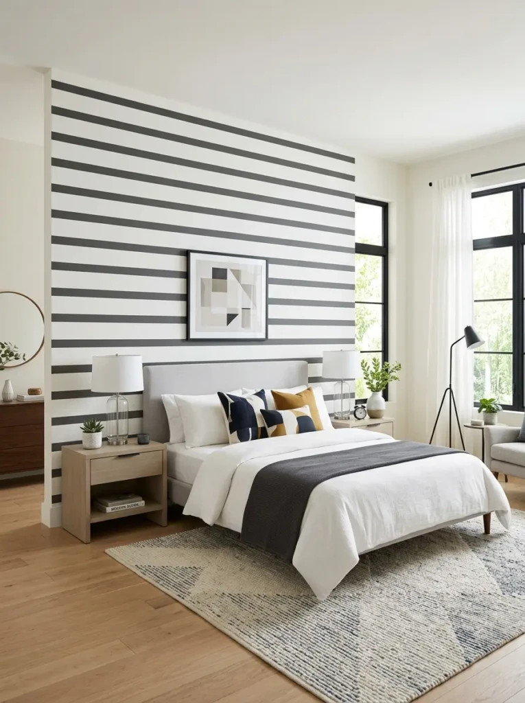 Modern bedroom with striped accent wall and airy structured layout