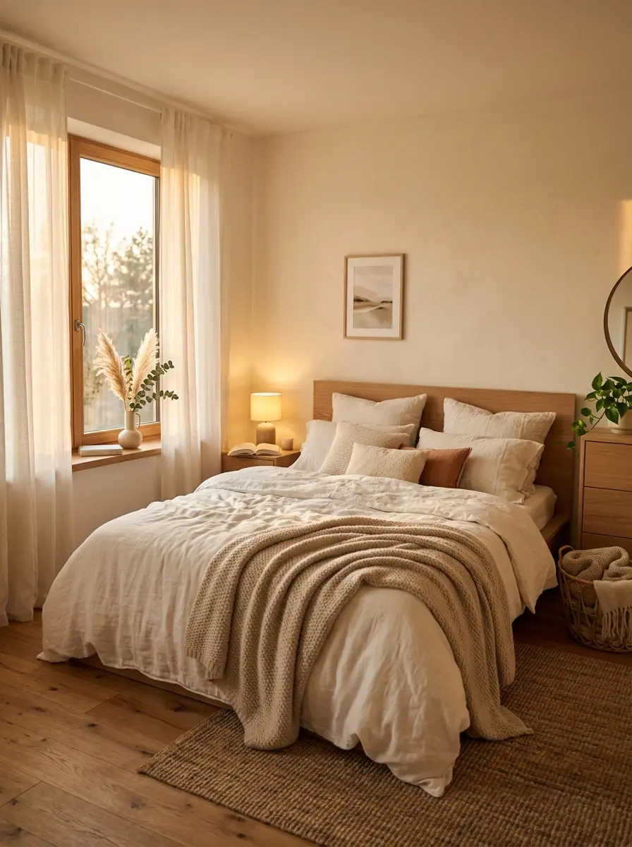 A peaceful luxury bedroom with soft sunlight, layered bedding, warm lighting, and a calm inviting ambiance