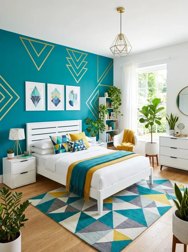 A fresh bedroom with teal accents, white furniture, indoor plants, and modern decor creating a lively and clean atmosphere