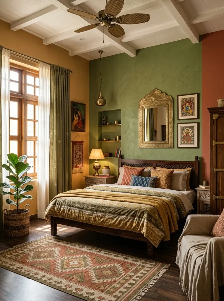 Indian bedroom featuring terracotta and beige walls with layered textiles, brass accents, and a calm earthy palette.