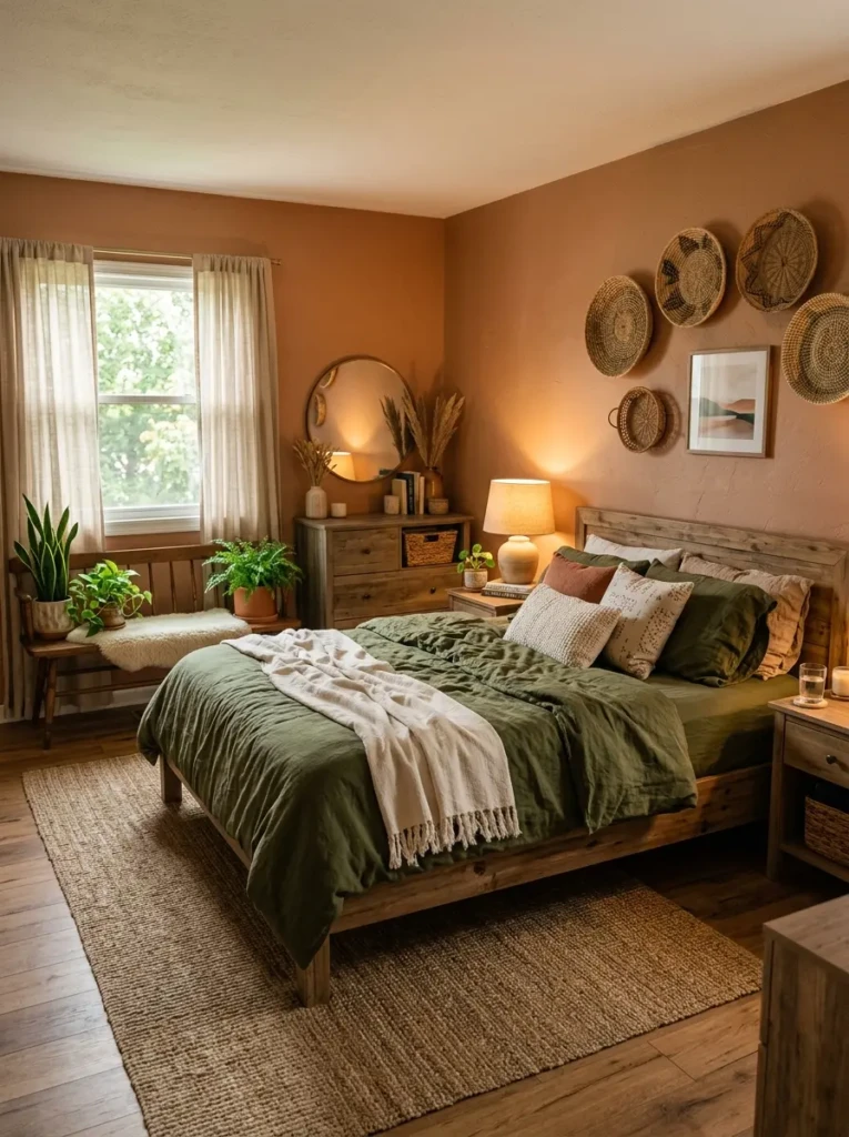 A cozy color full bedroom with terracotta, olive green, wooden textures, and natural woven decor