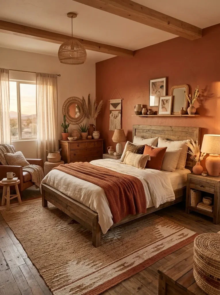 A cozy bedroom with terracotta accents, cream walls, rustic decor, and warm lighting inspired by desert aesthetics
