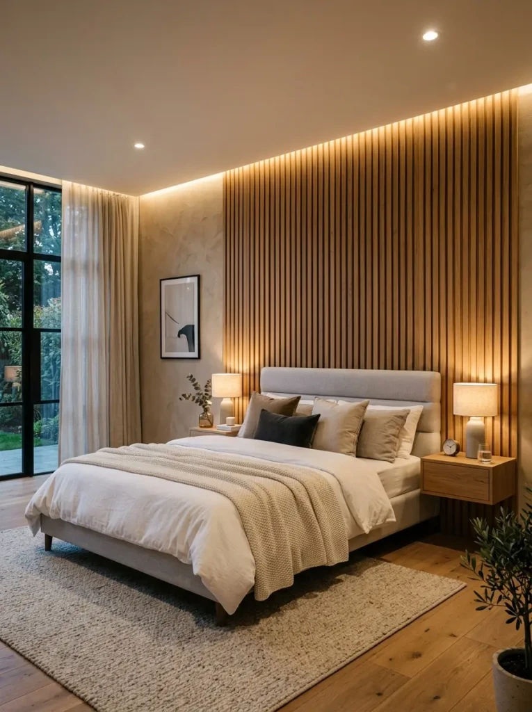 A stylish bedroom featuring a vertical wood slat accent wall behind the bed, soft neutral tones, and subtle lighting that enhances depth and texture.