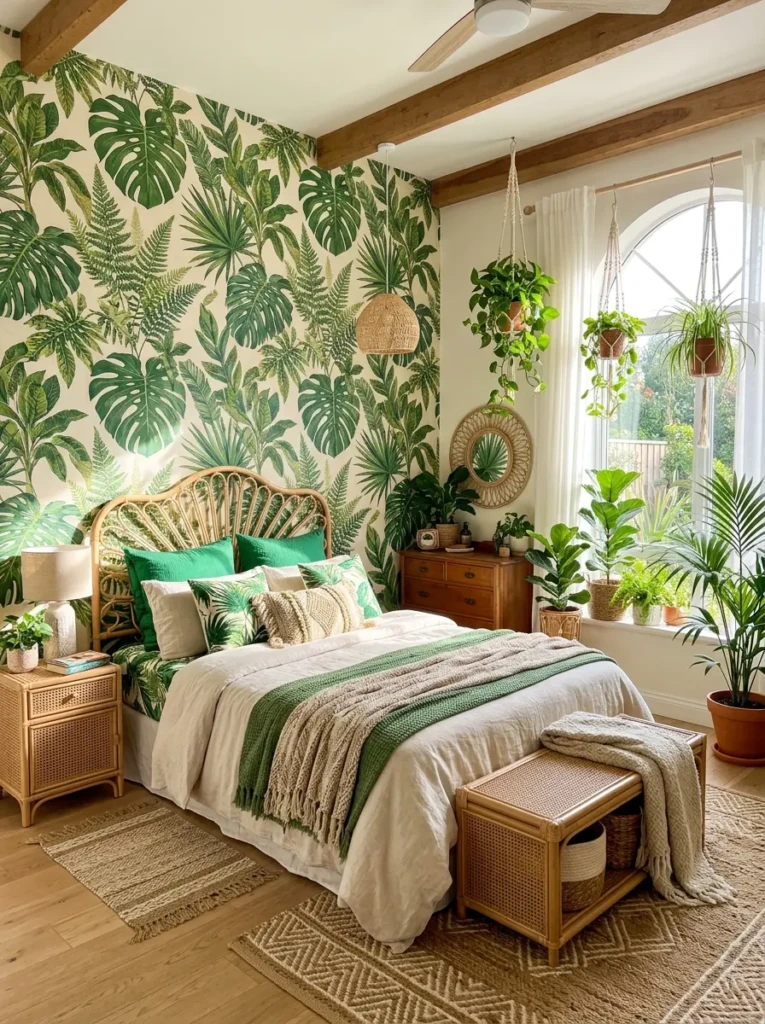A vibrant bedroom with tropical leaf wallpaper, indoor plants, rattan furniture, and bright natural light.
