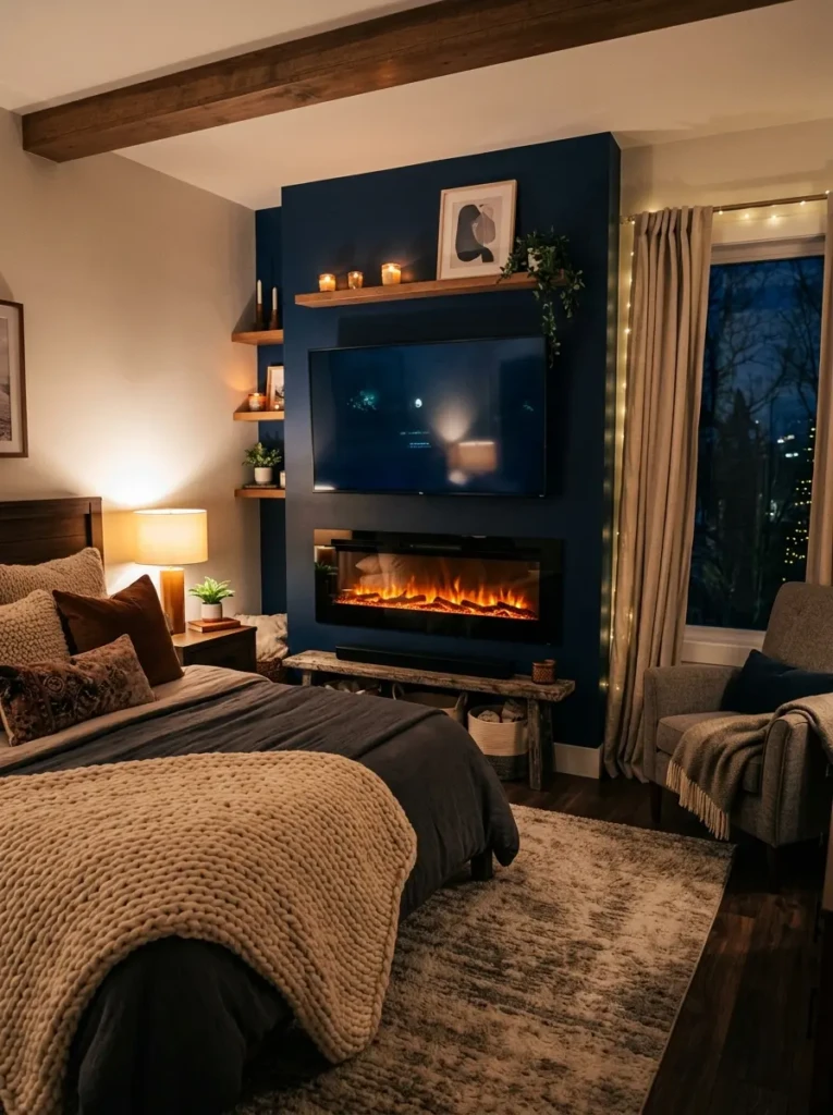 A mounted TV above a sleek electric fireplace creating a warm and inviting bedroom