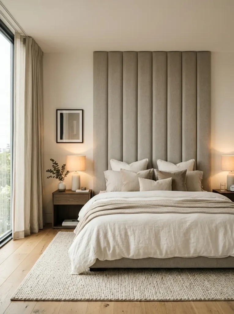 Cozy modern bedroom featuring a large upholstered headboard with soft textures and neutral tones