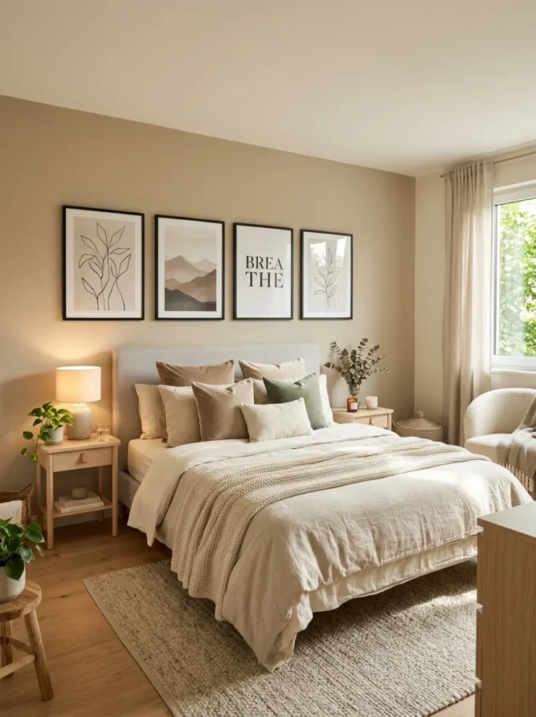 Modern bedroom featuring stylish wall posters above the bed with cozy neutral bedding and warm ambient lighting.