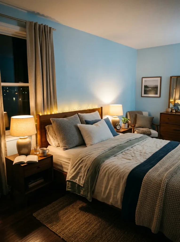 Cozy bedroom with light blue walls and warm bedside lamps creating a soft, relaxing and inviting evening atmosphere