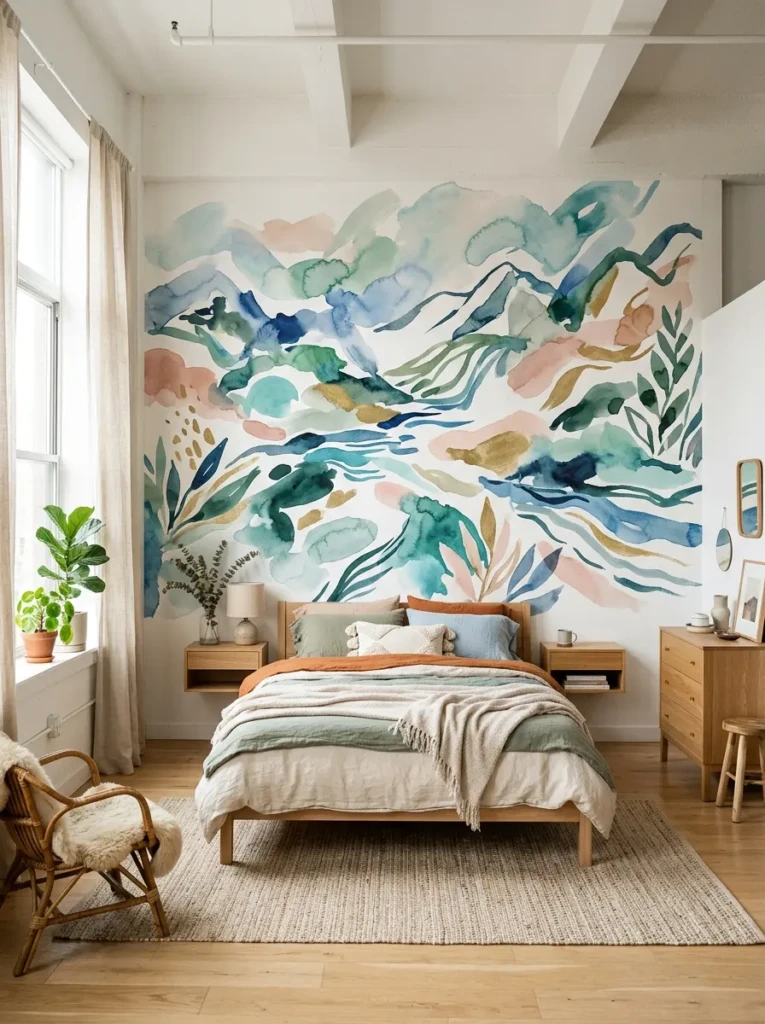 A creative bedroom featuring soft watercolor mural wallpaper and simple decor