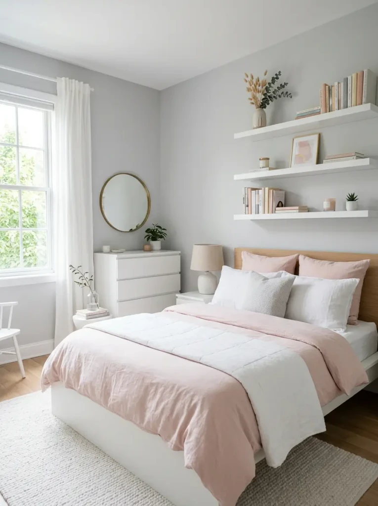 Bedroom styled with blush bedding, pale gray walls, and crisp white shelves for contrast.