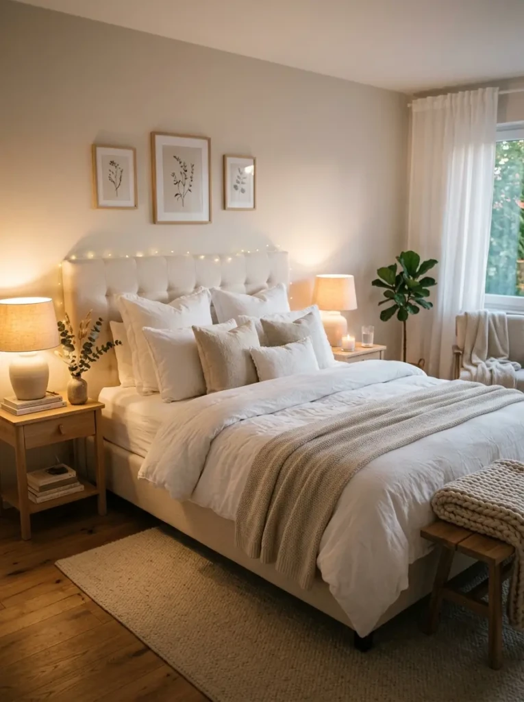 Dreamy bedroom with white bedding, layered pillows, upholstered headboard, and warm lighting creating a peaceful retreat