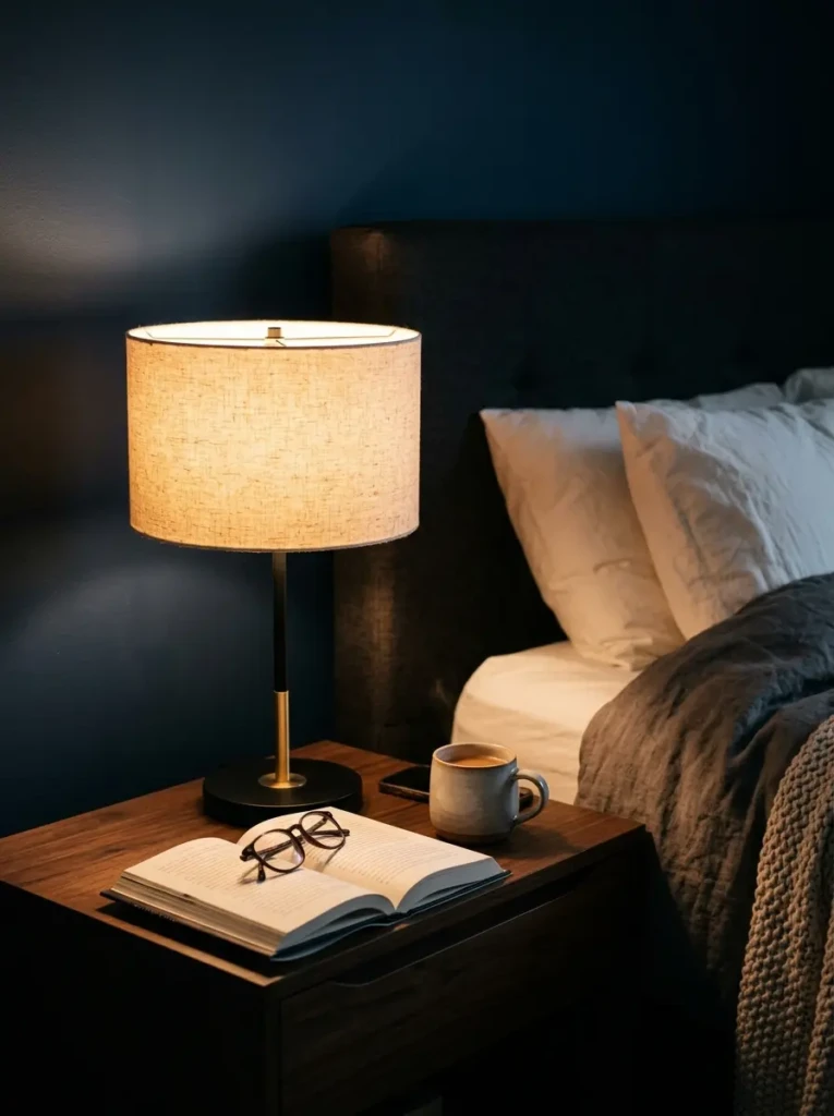 Close-up of a bedside lamp emitting soft warm light creating a relaxing and intimate bedroom setting