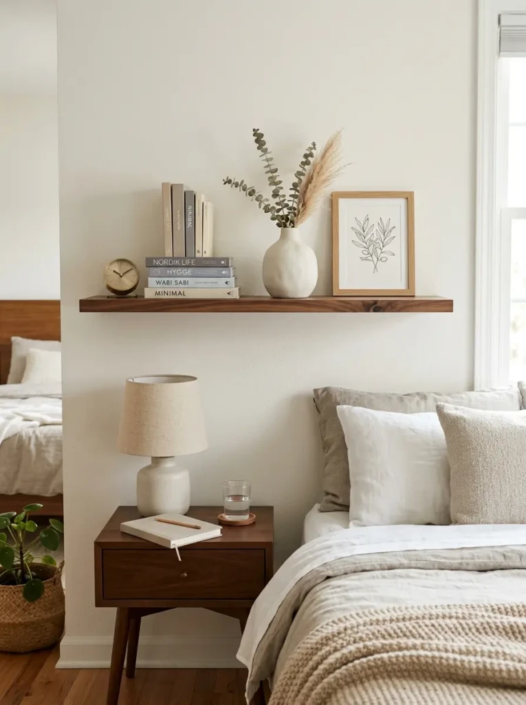 A walnut floating shelf with stacked books, ceramic vase, and framed art above a nightstand.
