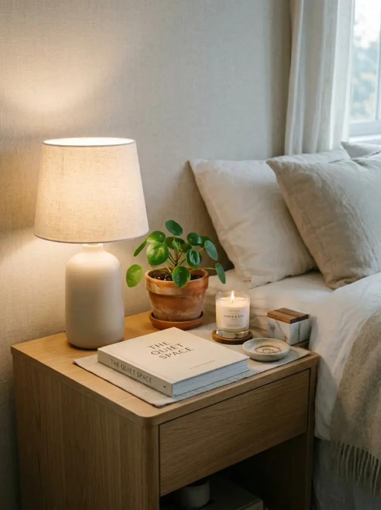 Modern bedside table with lamp, book, and decor styled in a clean and sophisticated way