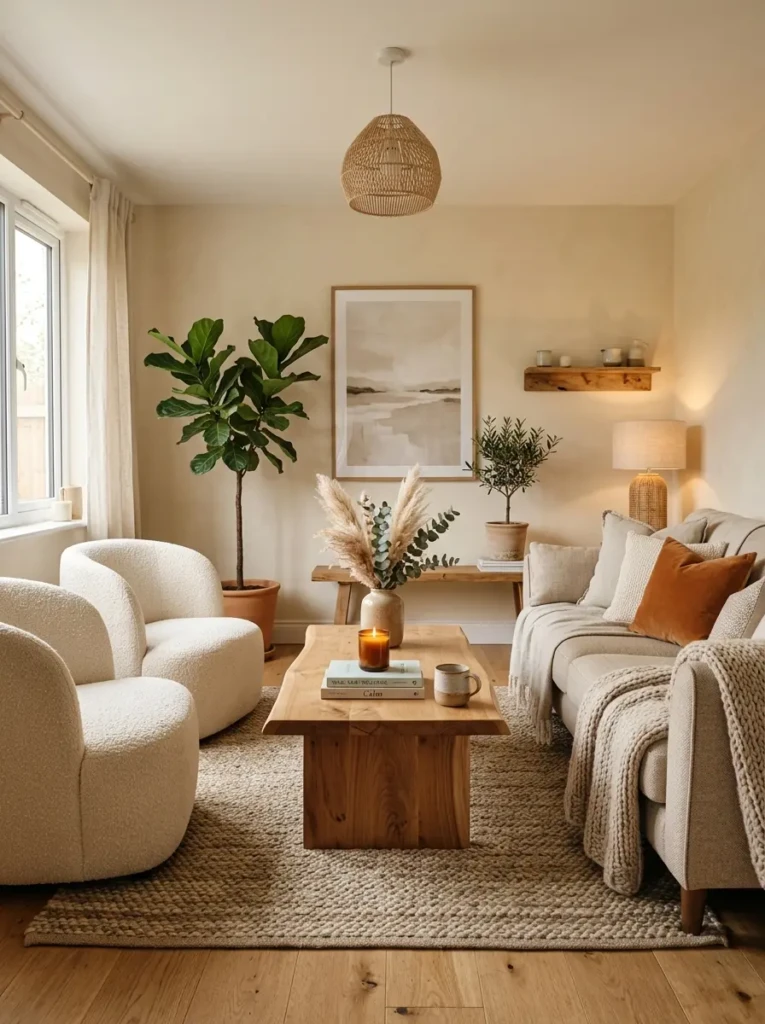 Cozy beige living room with creamy walls, boucle chairs, wood furniture, and warm modern organic decor.