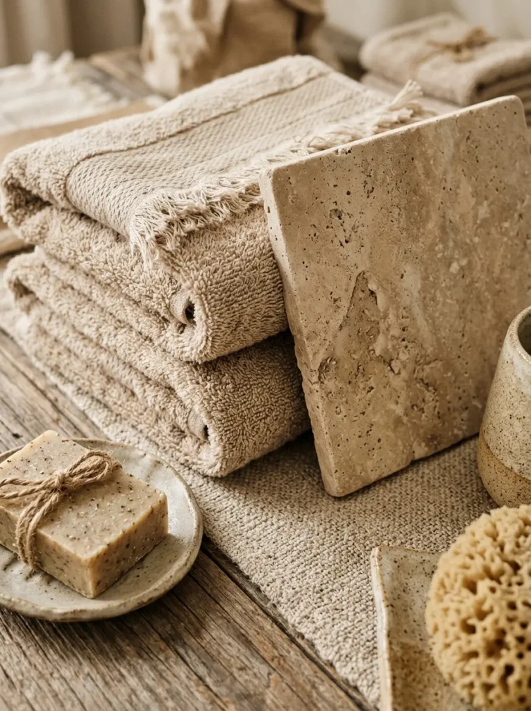 Close-up of beige bathroom materials including stone tiles, soft towels, and matte finishes.