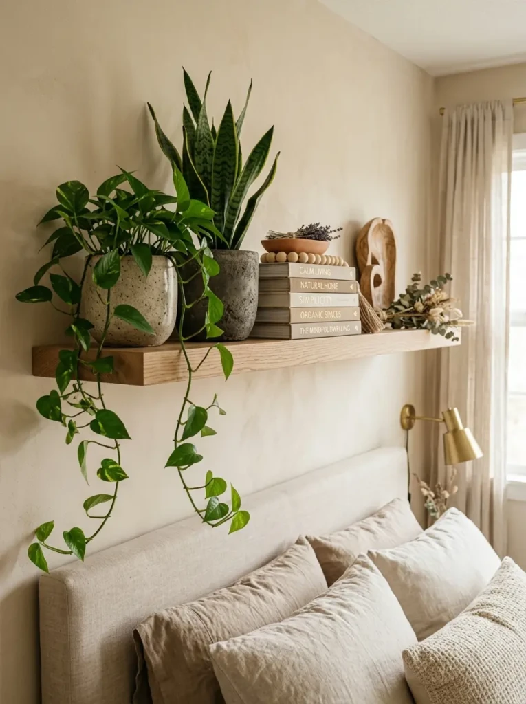 A beige floating shelf styled with pothos, snake plant, stone planters, and linen books.