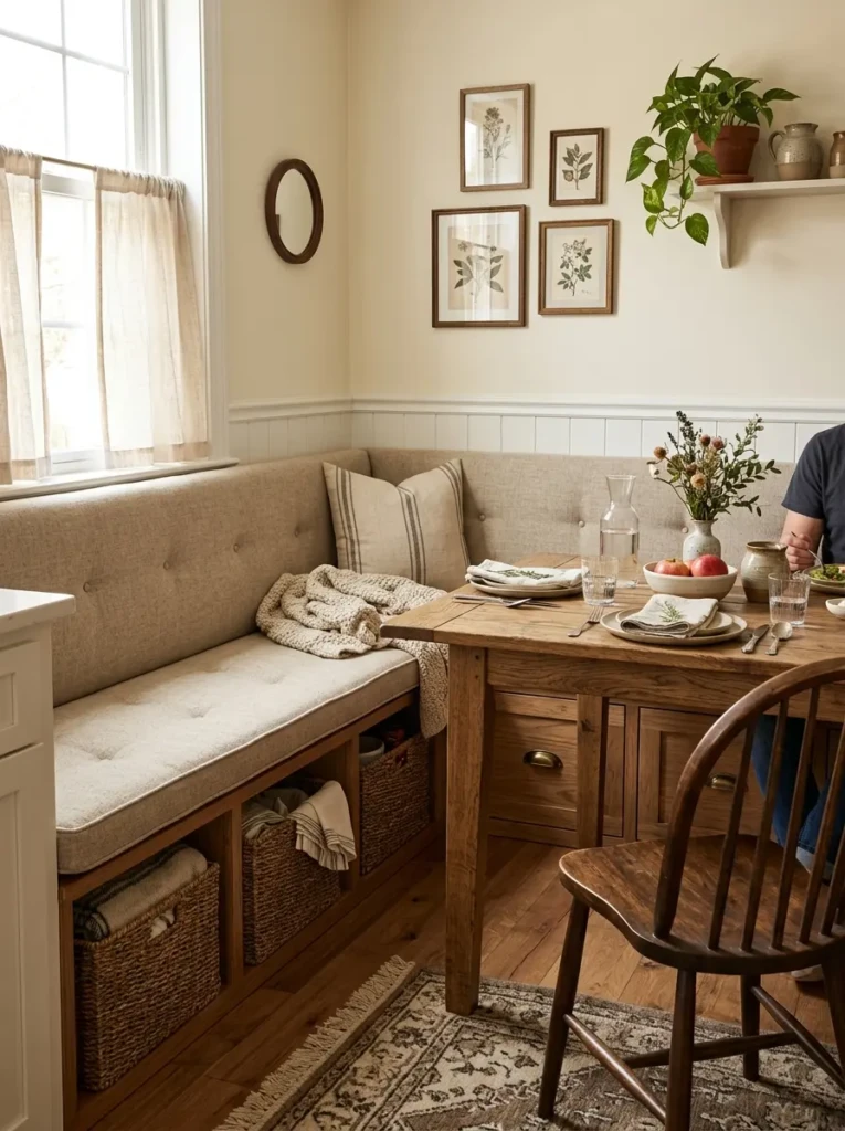 A detailed view of a dining bench with storage underneath and comfortable neutral cushions.
