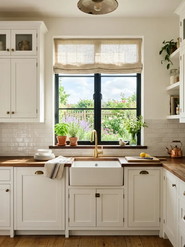 Black-framed kitchen window bringing sunlight into a bright small farmhouse kitchen.