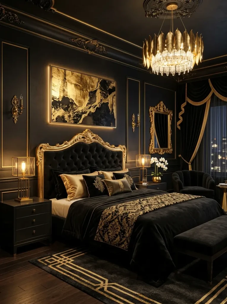A sophisticated bedroom with black walls, gold accents, metallic lighting, and velvet textures creating a luxurious hotel-style look.