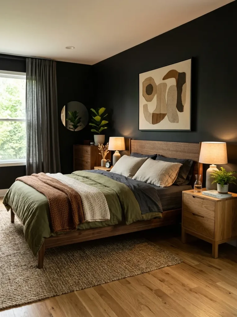 A modern bedroom with black walls paired with wooden furniture, warm lighting, and natural textures for a cozy and timeless design.