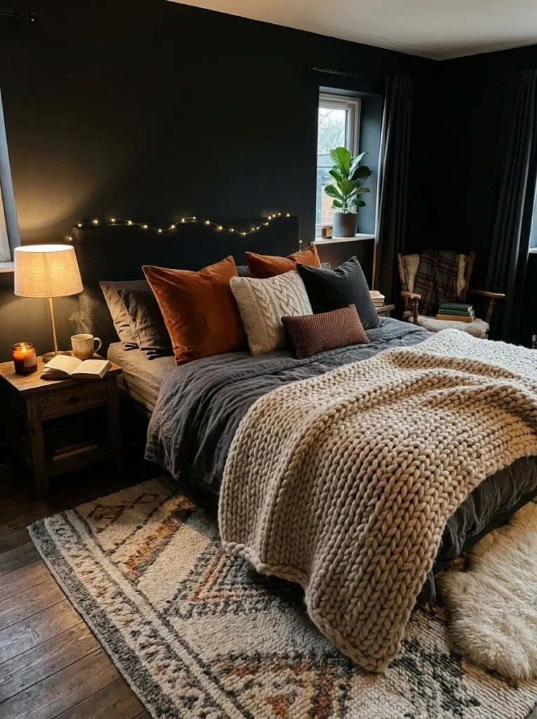 A warm bedroom with black tones, chunky knit blankets, soft pillows, and layered fabrics creating a comfortable and inviting feel.