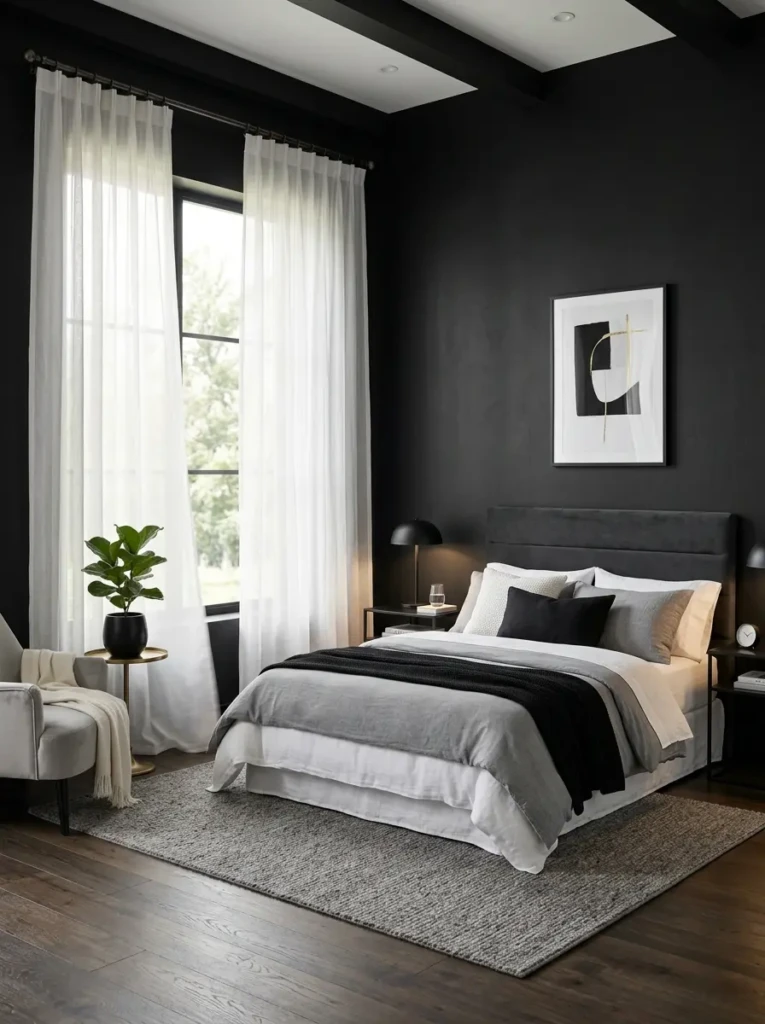 A bright bedroom with black elements and sheer white curtains allowing natural light to create a soft and airy contrast.
