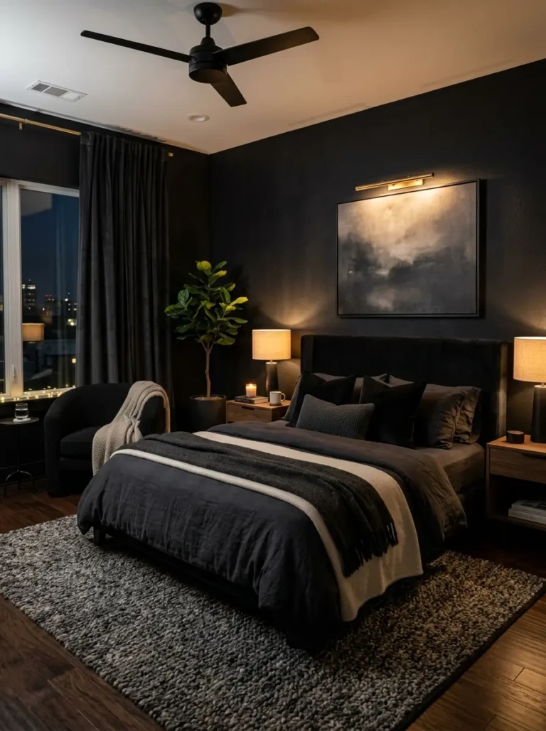 A cozy black bedroom with soft lighting, layered textures, and a calm, luxurious atmosphere.
