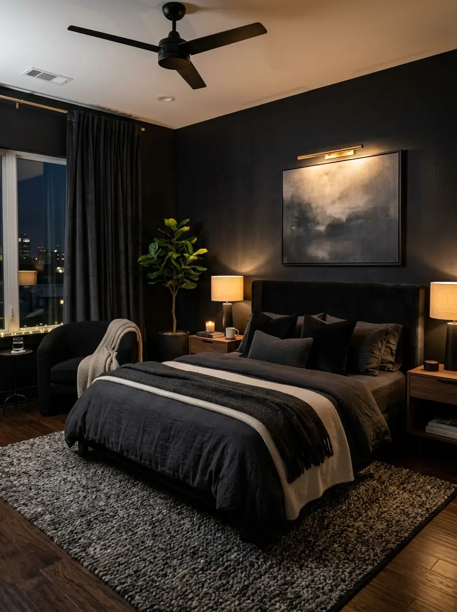 A cozy black bedroom with soft lighting, layered textures, and a calm, luxurious atmosphere.
