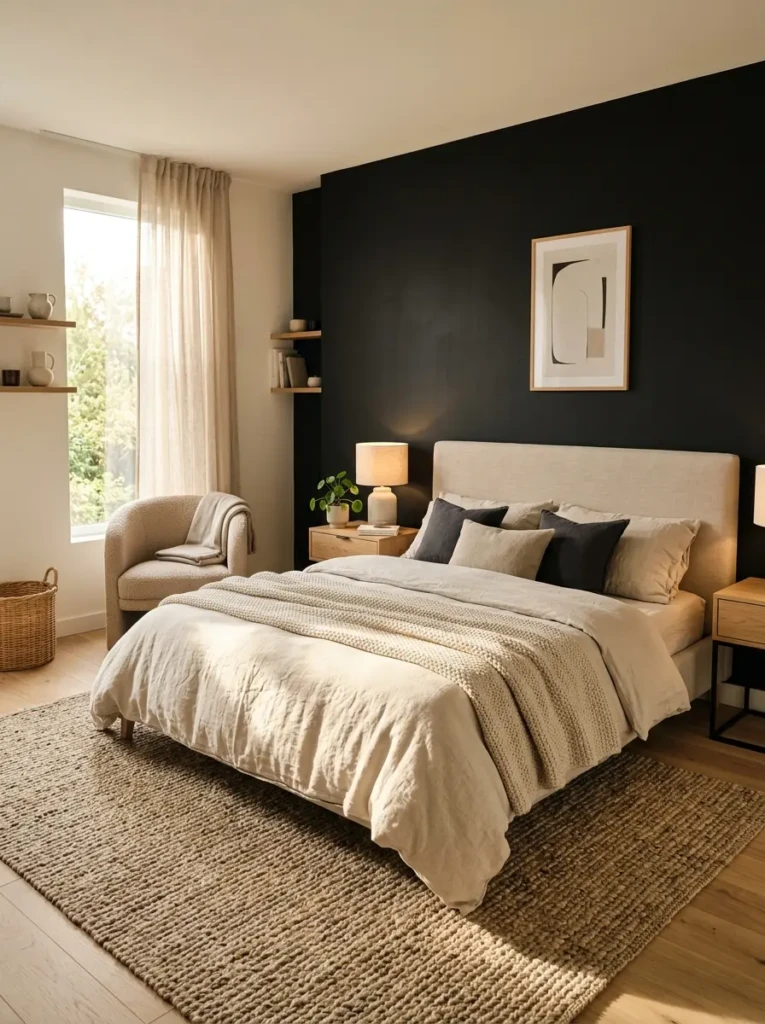 A stylish bedroom with a black accent wall, beige bedding, linen curtains, and natural textures creating a balanced and calming look.