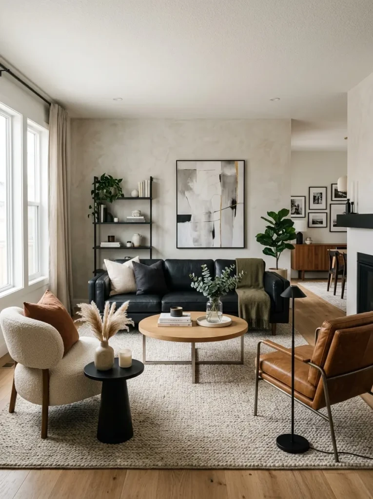 Black sofa styled with boucle chair and tan leather side chair in balanced layout.