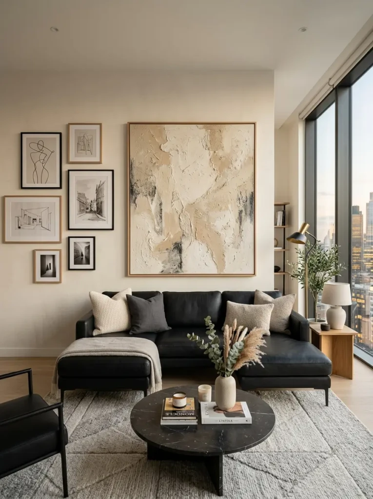 Black sofa beneath large beige abstract canvas in a modern luxury apartment.