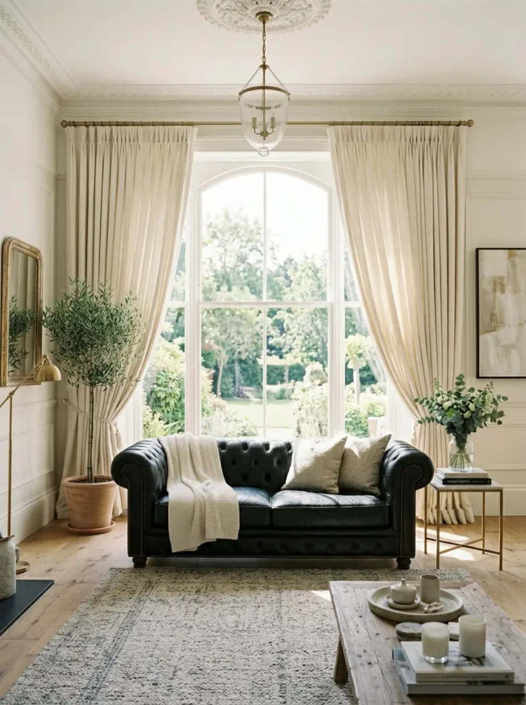 Black sofa framed by tall cream linen curtains with soft sunlight filtering through.