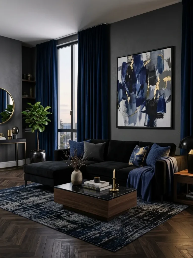 Black sofa styled with navy curtains and deep blue artwork in a sophisticated room.