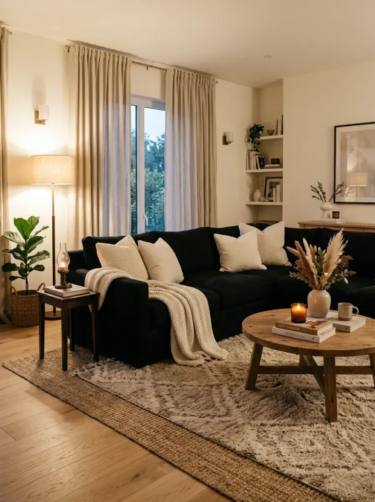 Black couch with ivory pillows, beige rug, and oatmeal curtains in a warm neutral space.