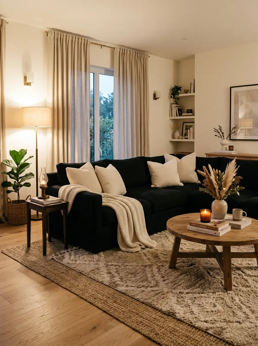 Black couch with ivory pillows, beige rug, and oatmeal curtains in a warm neutral space.