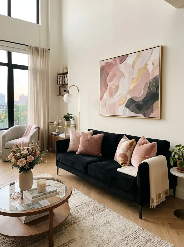 Stylish black sofa decorated with blush pink pillows and dusty rose wall art.