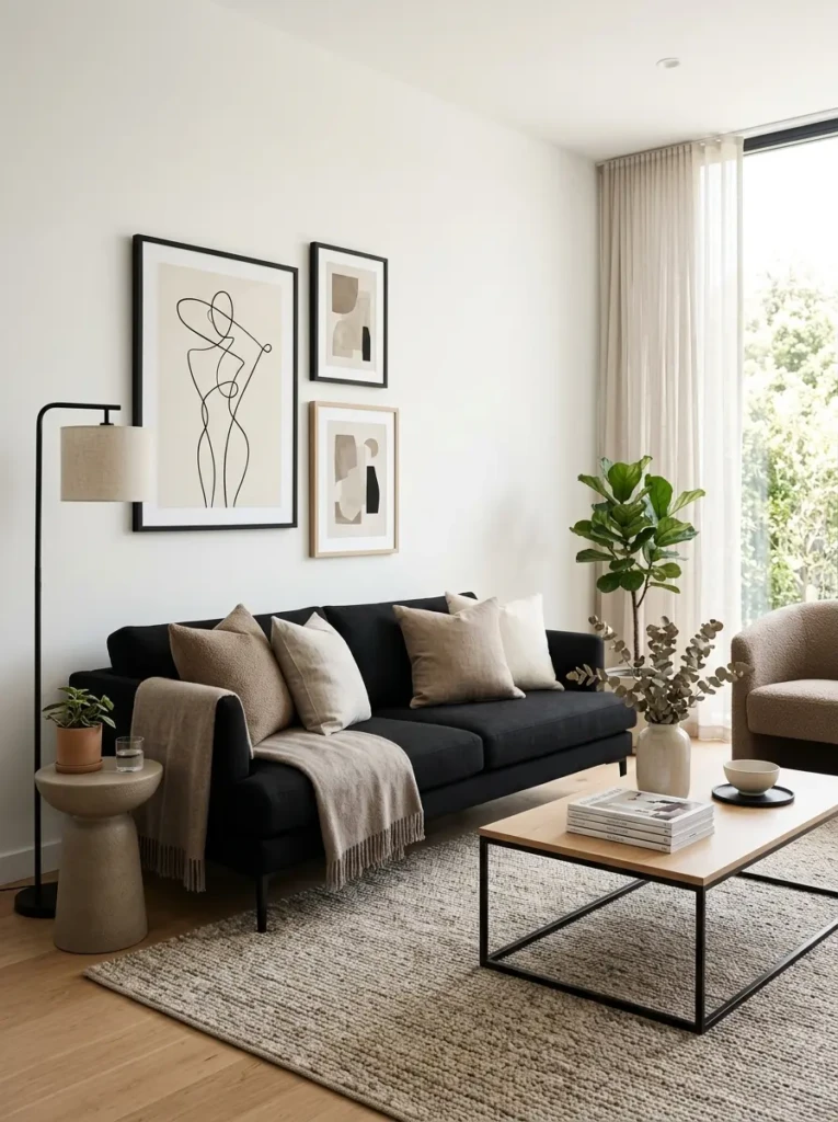 Modern black couch styled against white walls with framed art and warm taupe accents.